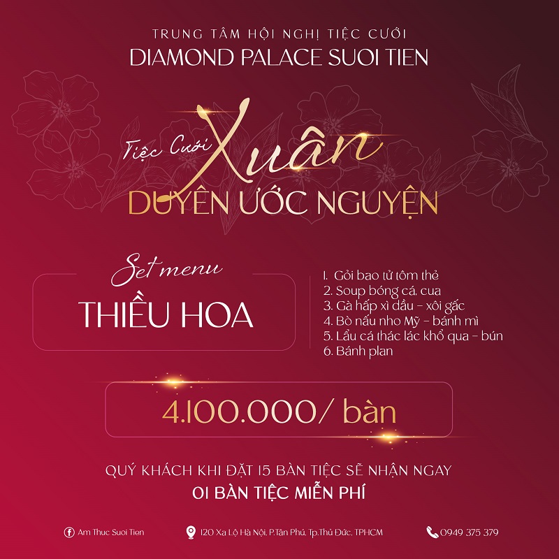 ƯU ĐÃI TIỆC CƯỚI ĐẲNG CẤP VỚI MENU 4 MÙA TẠI DIAMOND PALACE SUOI TIEN 